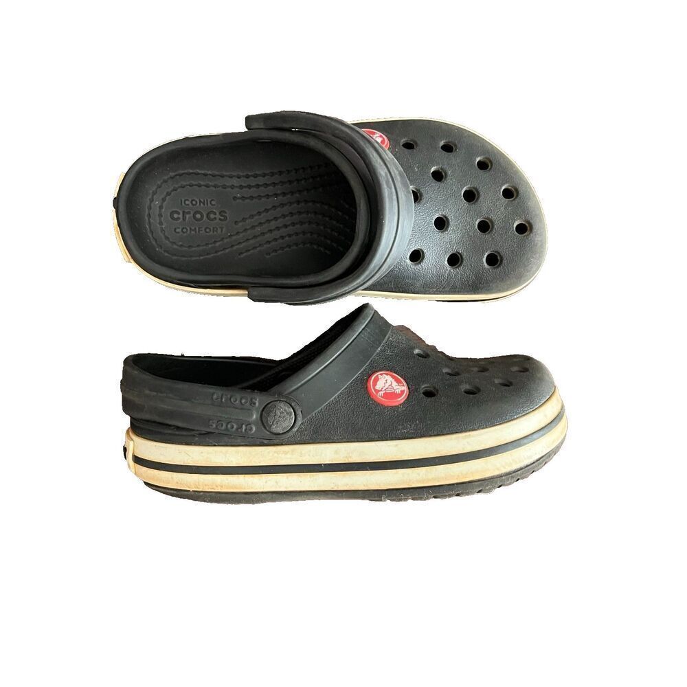 Crocs Classic Kid Black Clogs 10 White Striped Outer sole Comfort Slip On Strap